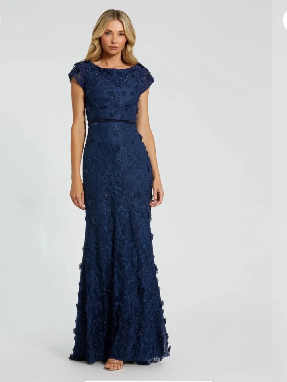 Mac Duggal Navy Embellished Floral Lace Cap-Sleeve Gown